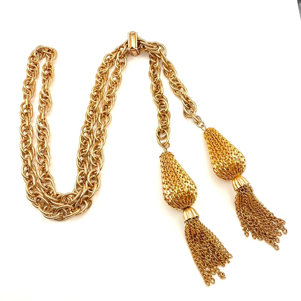 Vintage MCM Gold Tone Bolo Lariat Necklace Heavy Rolo Chain Filigree Tassel 27"